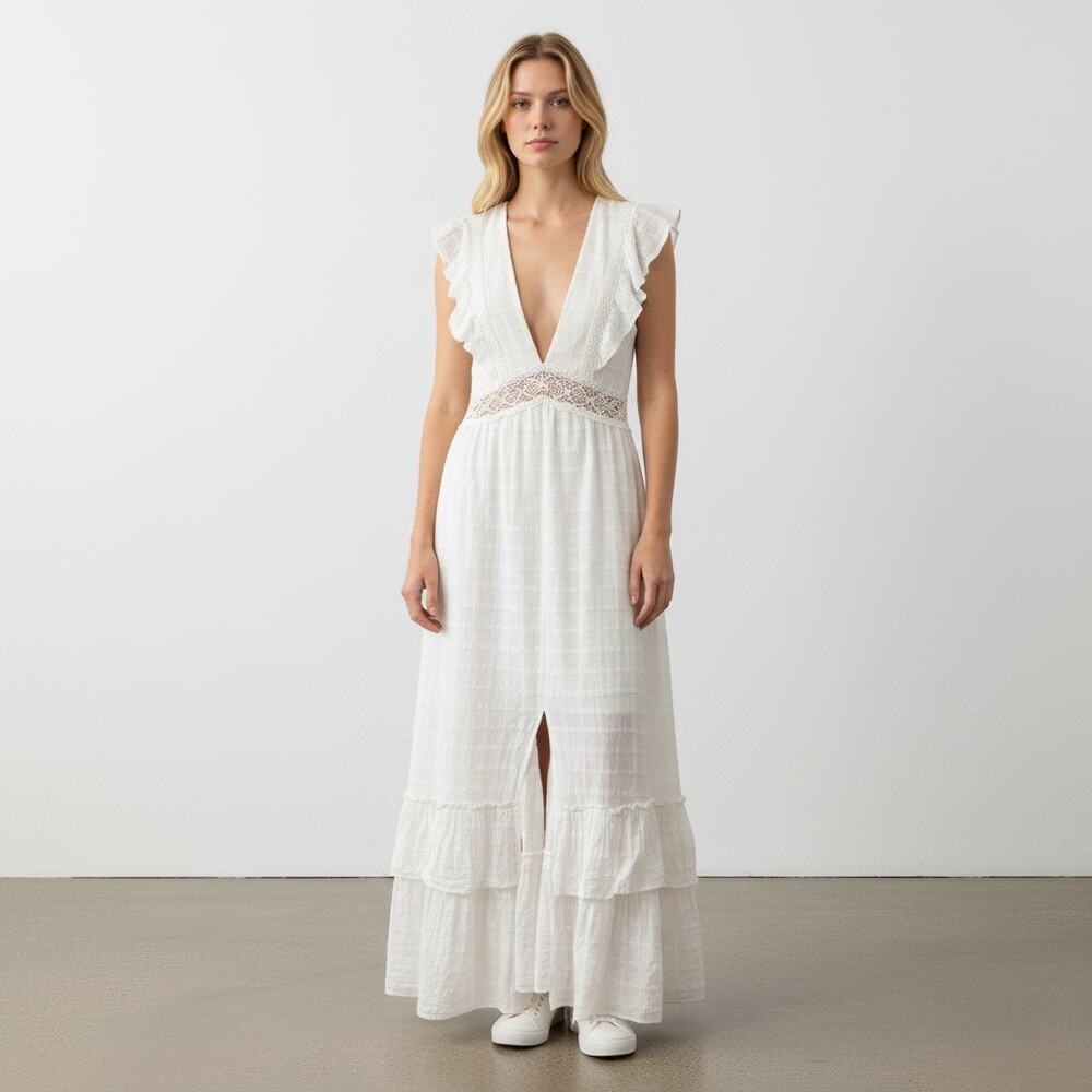 Glamaker Women's White Fit & Flare Slit Front Sleeveless Maxi Dress Size L